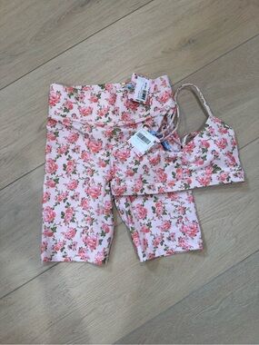 LoveShackFancy Pink Floral Bike Shorts and Crop Top Set